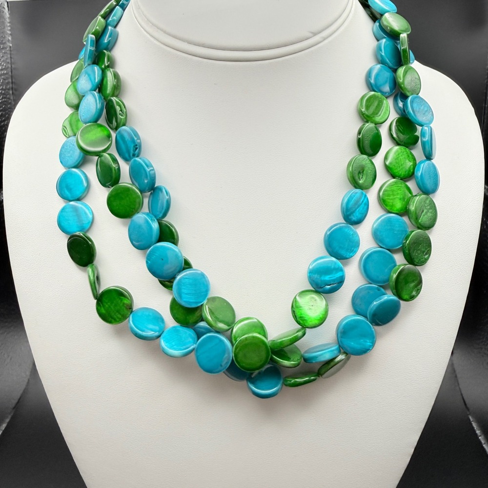 Erica Lyons Necklace Three Strand Blue Green Shell Disc Coastal Grandmother
